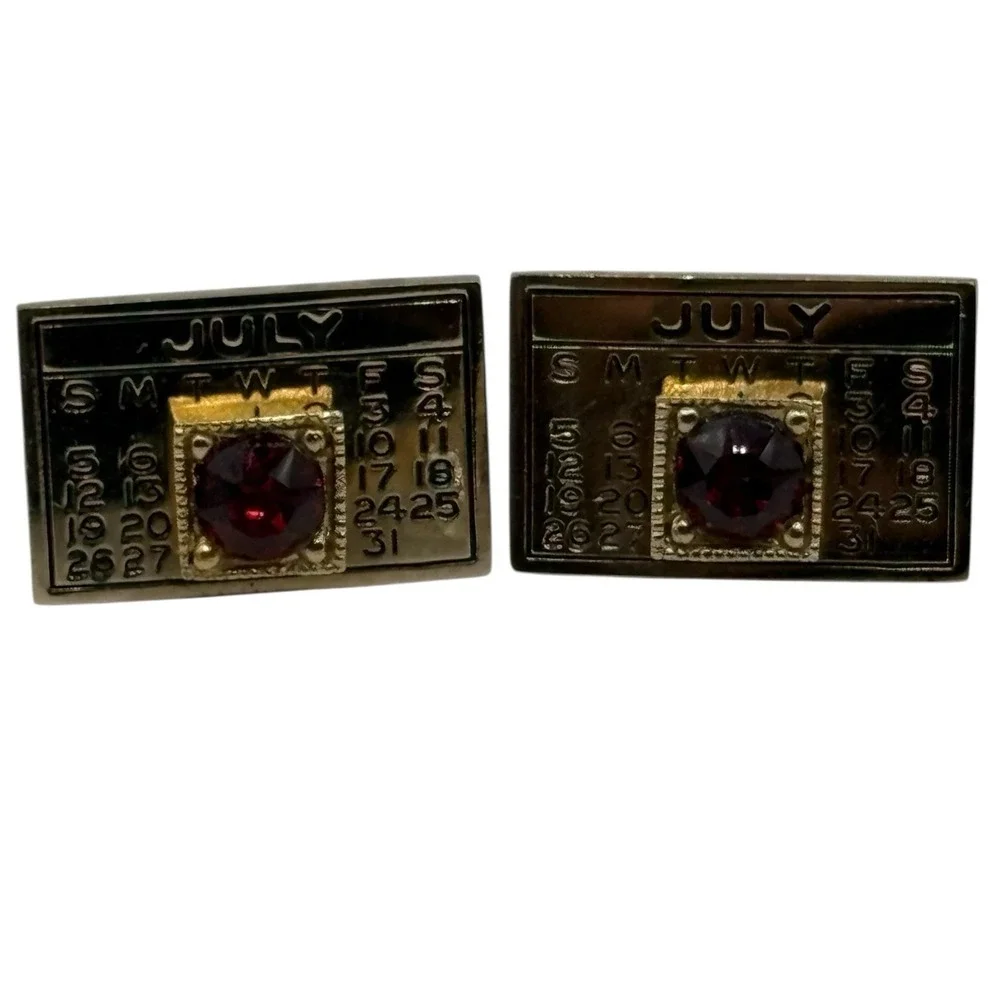 July Cufflinks Calendar Red Rhinestone‎ Patriotic Fourth Of July VTG Gold Tone